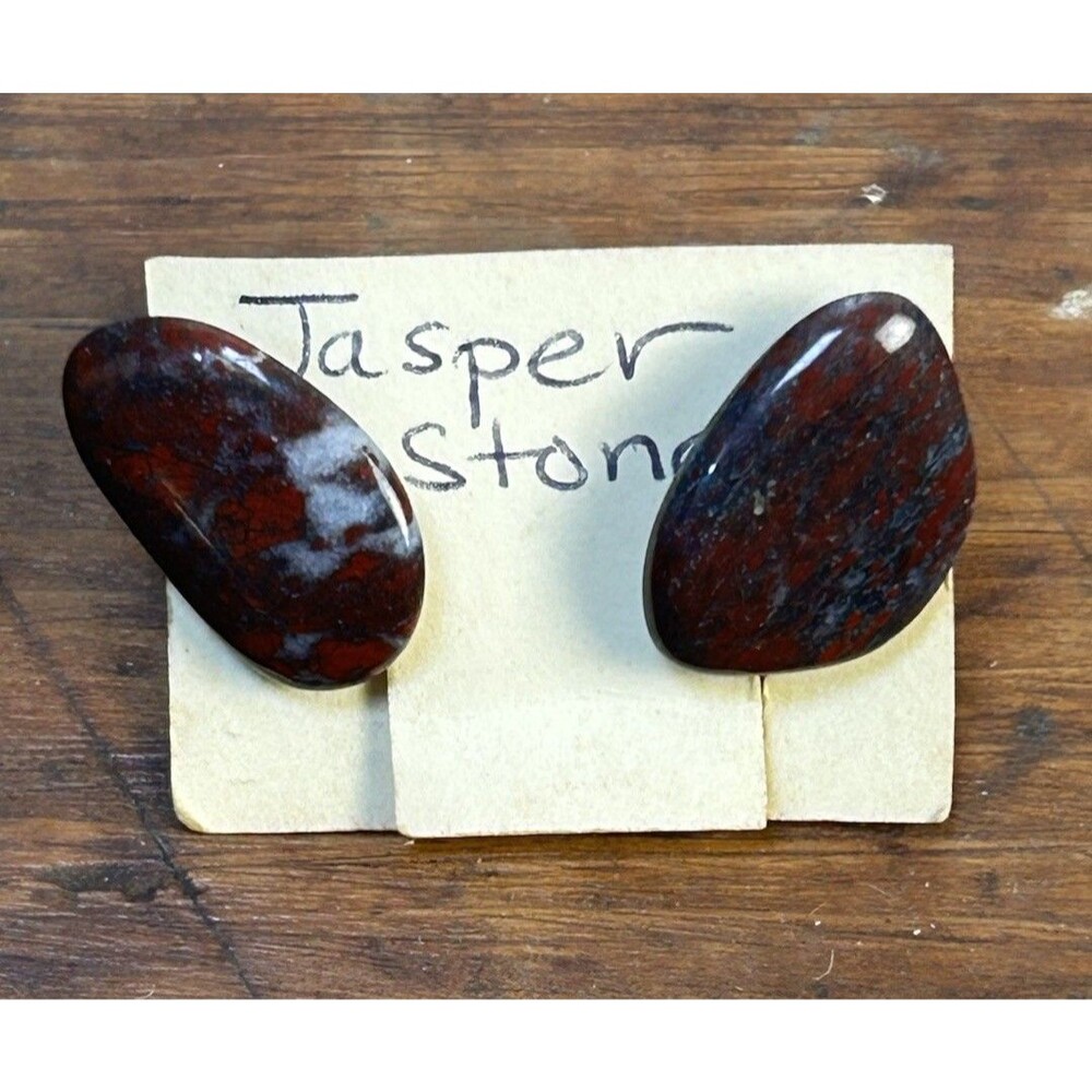 Vintage Jasper Stone Screw-on Earrings Red Grey Speckled Stone